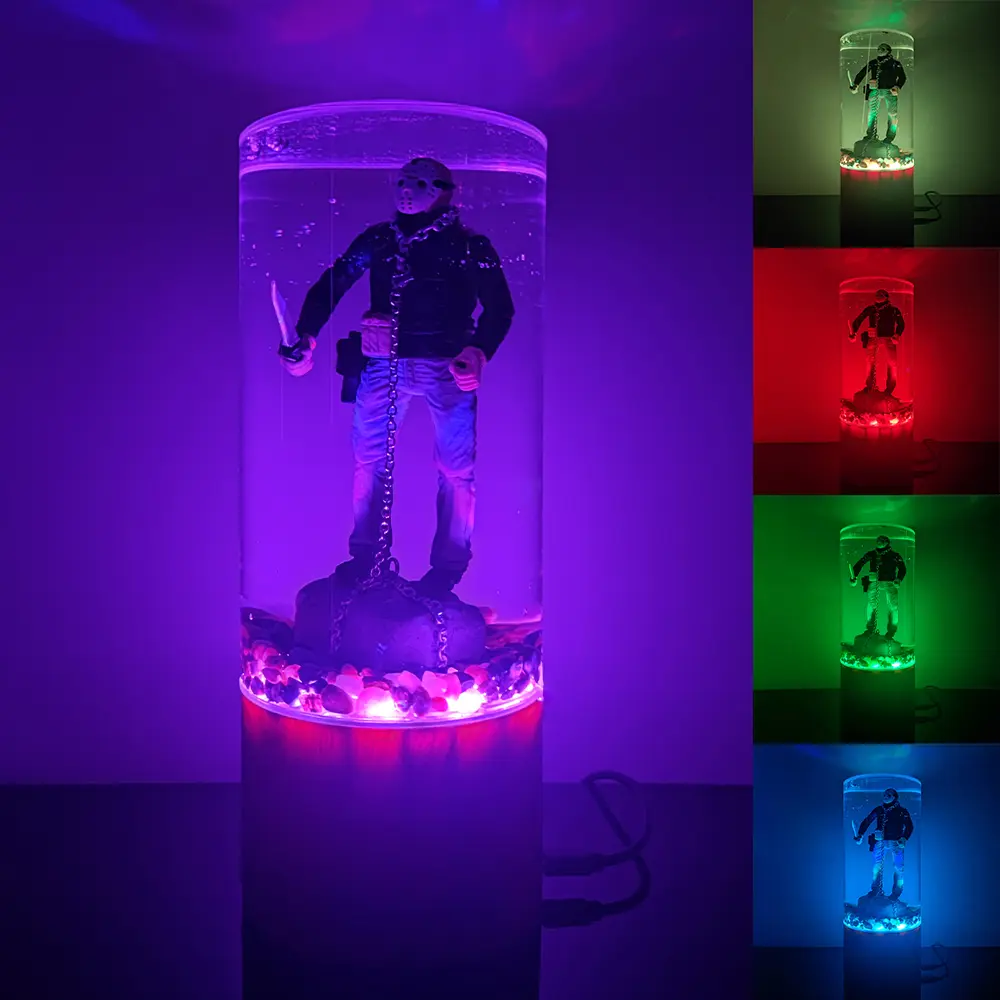 Halloween Spooky Masked Figure Glass Jar RGB LED Water Lamp, Multi-Color Changing Desktop Table Night Light, Creepy Themed Home Bar Decor Holiday Gift