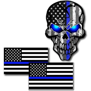 3-Pack Reflective US Flag Decal - Thin Blue Line & Skull Design | Multi-Surface Fit