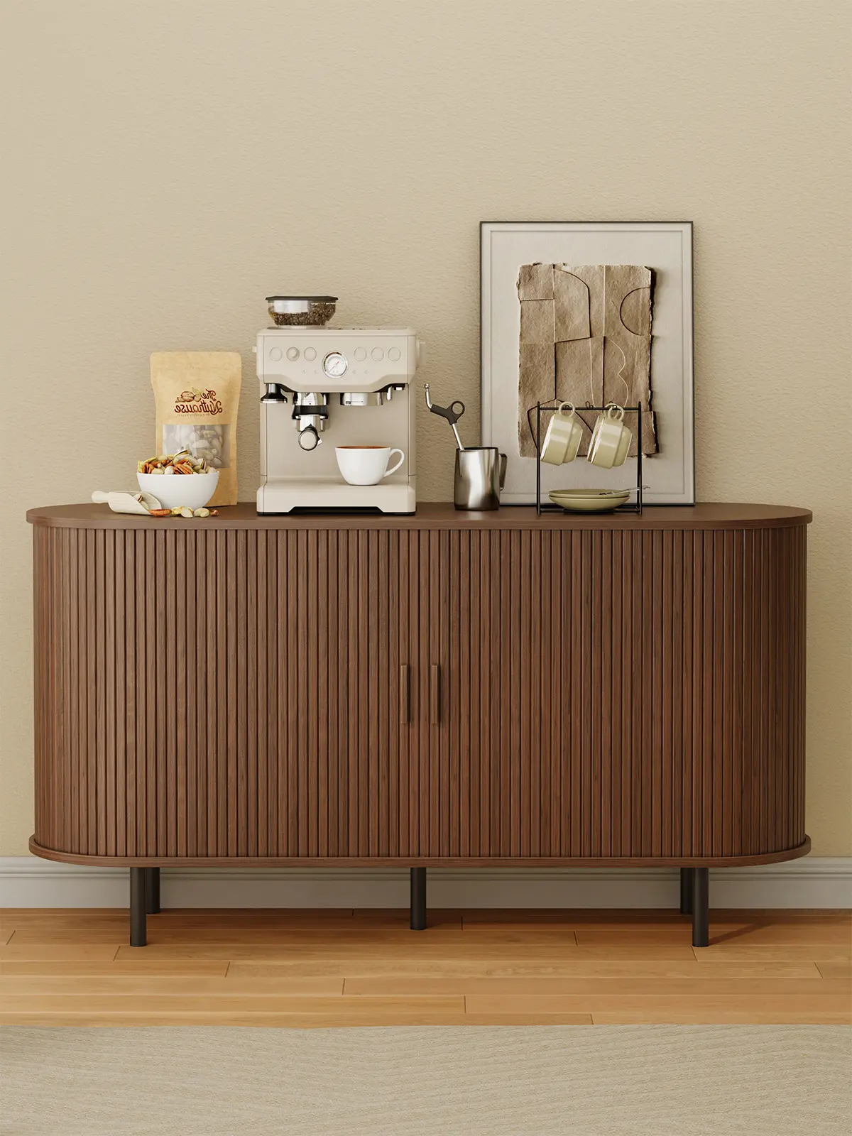 【Sliding Doors Design】ONBRILL 40/55/63" Gorgeous Fluted Buffet Cabinet, Coner Coffee Bar With Storage,  Mid Century Modern Sideboard with Adjustable Shelf, Accent Wood Console Table for Kitchen Entryway Living Room Furniture【SummerFinds】