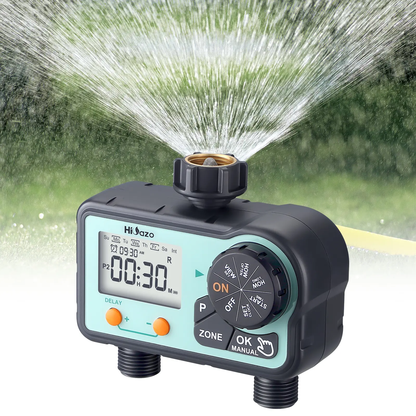 Hioazo Dual-Outlet Automatic Garden Hose Water Timer - 2-Zone Adjustable Watering System with Manual Mode, Rain Delay, Low Battery Protection, 6 Months Support, Waterproof Level: IP54, 0.5 Bar-8 Bar, Water Sprinklers Compatibility, Outdoor Hardware Tool,