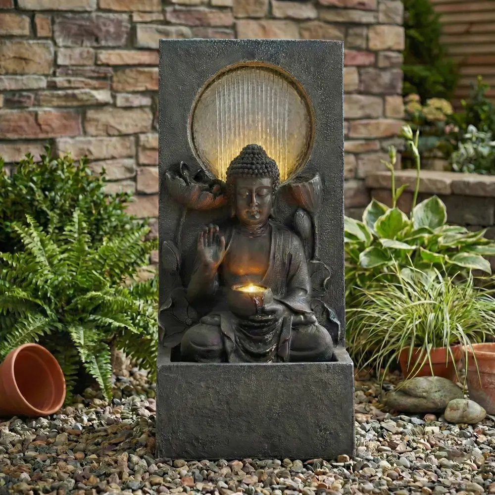 28-in Sturdy Waterproof Outdoor Buddha Statue Waterfall Fountain with LED Lights, Freestanding Plug-and-Play Water Feature, Asian Zen Meditation Feng Shui Design for Decks, Courtyards, Ideal Gift