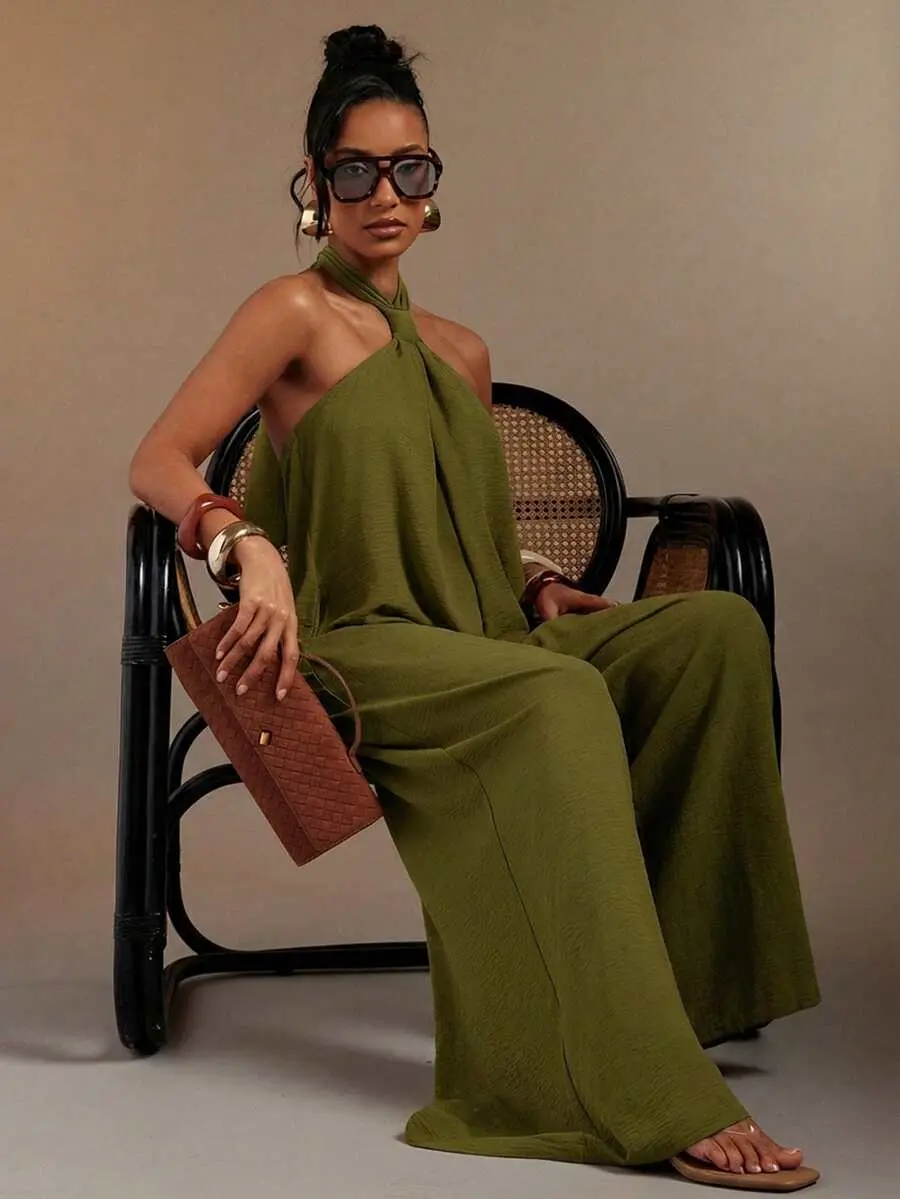 Women's Sexy Solid Color Backless Halter Neck Loose Jumpsuit