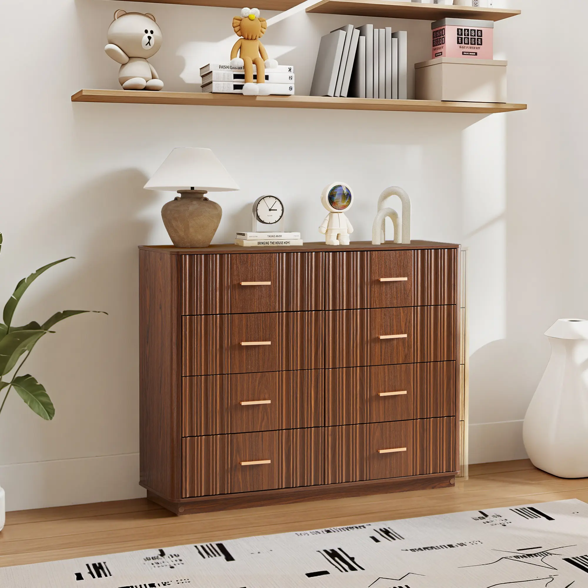Giratree 47" Fluted Drawer Dresser Set - Mid-Century Modern Wooden 8-Drawer Decorative Cabinet, Multifunctional Cupboard for Bedroom Entryway, Entryway Storage Cabinets, Bedroom Decor Ideas, Mdf Board