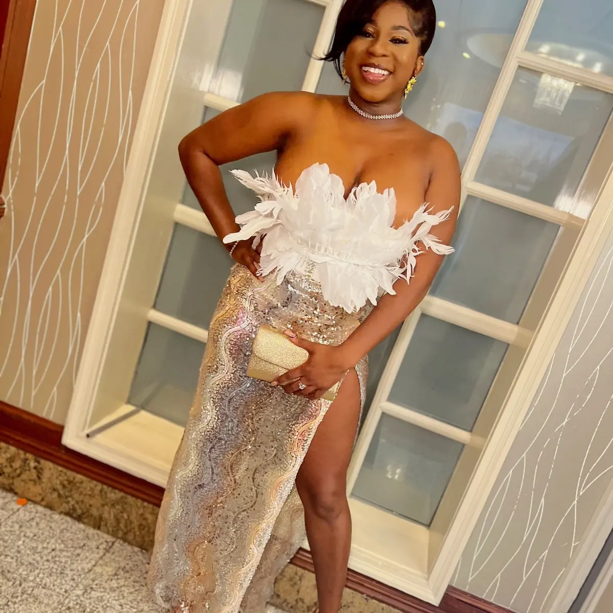 Off-white feather rhinestone buckle sequins hem bodysuit dress