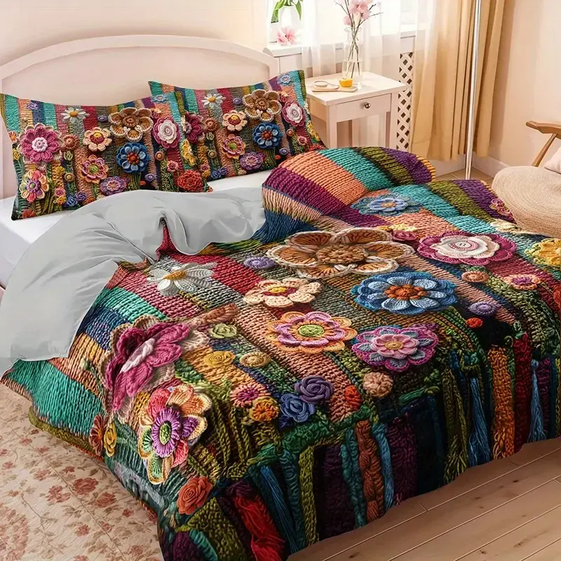 3pcs Knitted Floral Pattern Print Blanket Set, Soft Polyester Fabric, Zipper Design, Modern Style Bedding Essentials, Decorative Bedroom Bedding Set, Printed Bedding Set