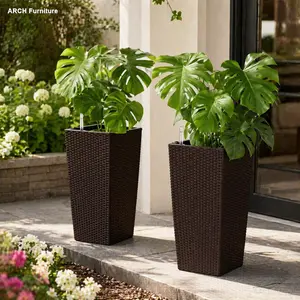 2-Pack Rustic Brown Faux Rattan Square Garden Planter, 22-Inch High Flower Pot with Auto-Watering Water-Saving System for Porch, Patio, Flower Garden Accessories
