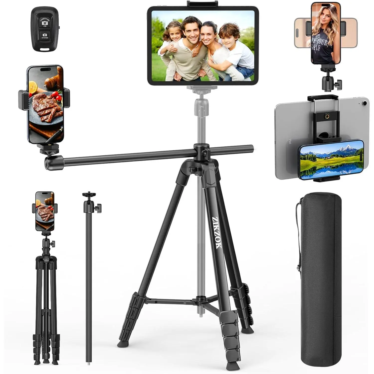 68" Phone Tripod for Overhead Shots, Horizontal Tripod, Tripod Stand for iPhone with Wireless Remote/Sandbag, Phone Tripod for Cooking Video Recording/Live Stream/Vlogging