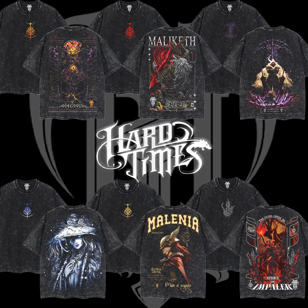 [Collection] HardTimesClothing Eldenring Boss Frenzy Flame, Maliketh, Malenia, Radahn, Messmer, Ranni Unisex Street Style Apparel - FromSoftware Collection Game Oversized Washed Seamless Shortsleeve Cotton T-Shirt, Acid-Washed Lightweight Gift for Him