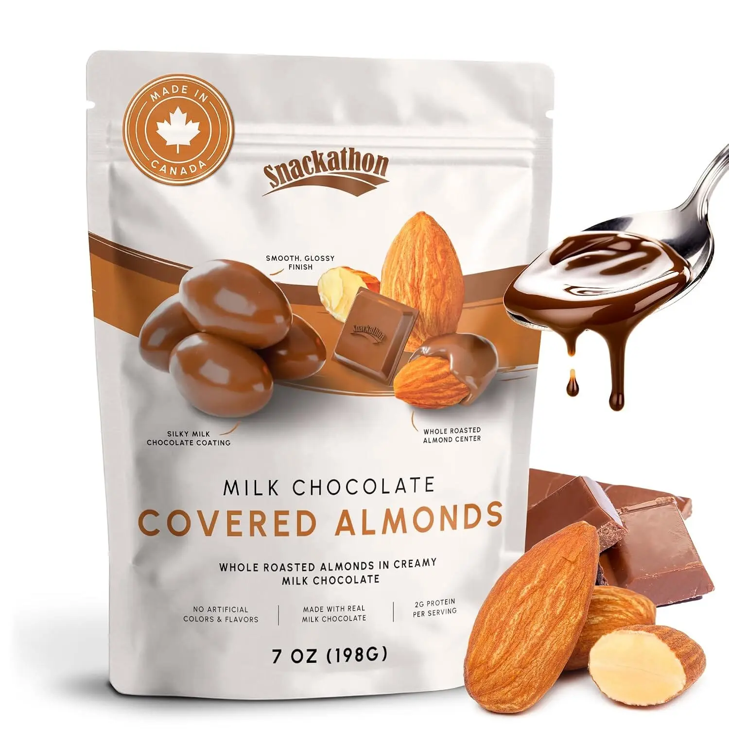 Snackathon Milk Chocolate Covered Almonds, Resealable Bag, Whole Roasted Almonds Coated in Creamy Milk Chocolate, Crunchy & Smooth Almond Candy, Made in Canada