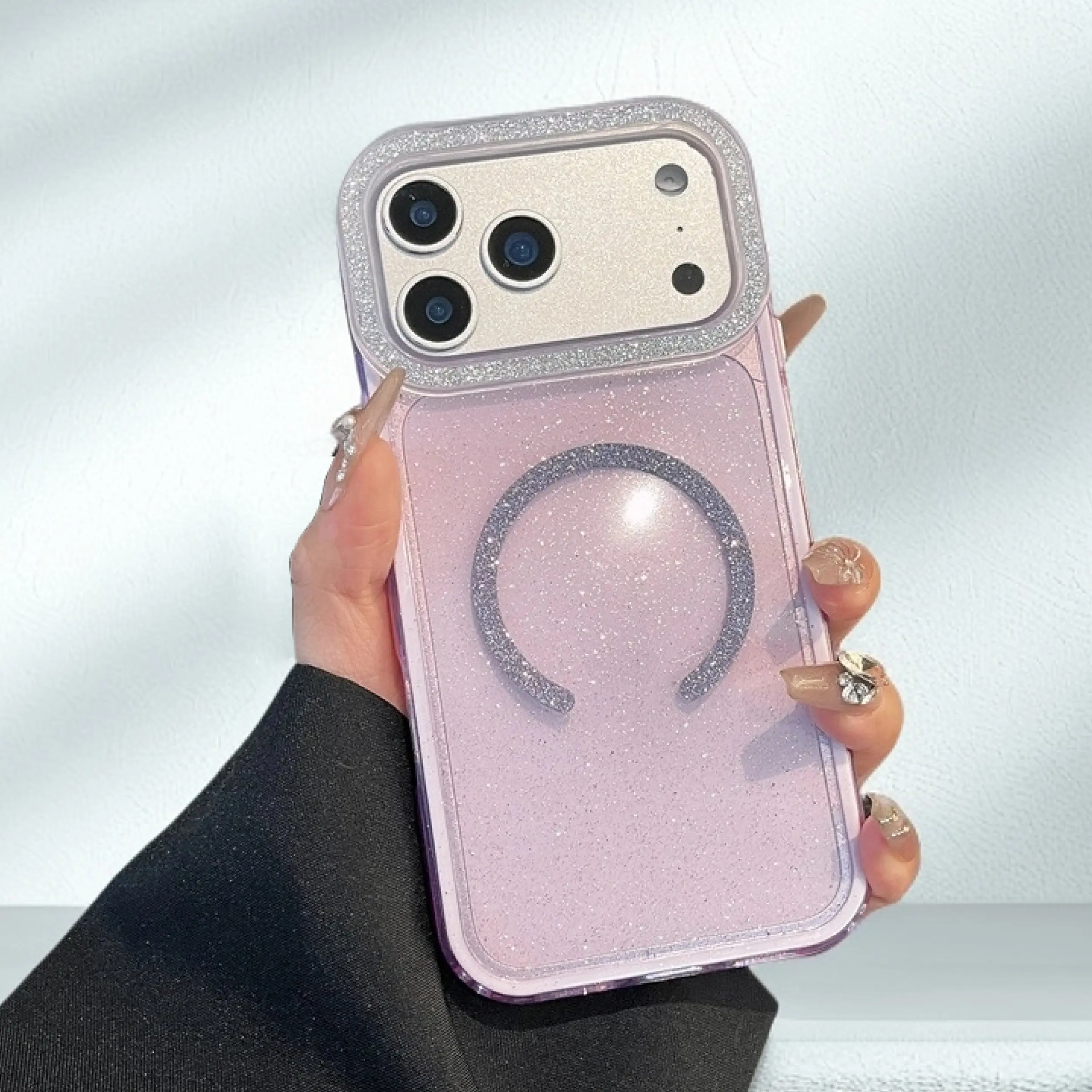Hard Acrylic Shell Magnetic Casing with Shimmer Powder for iPhone 17 Pro - 2-in-1 Protective Shockproof Smartphone Cellphone Case, European Nordic Aesthetic Customized Device Accessory