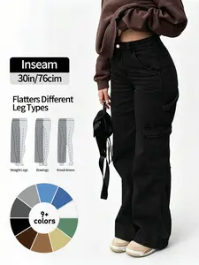 NVFelix Women's High Waist Cargo Jeans with 6 Pockets, Wide Leg Baggy Denim Pants for Casual StreetStyle Womenswear Streetwear