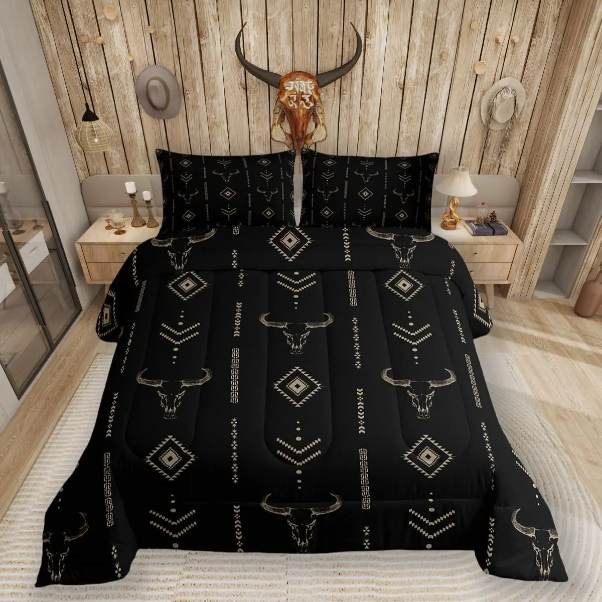 Feelyou Boho Aztec Microfiber Bedroom Bedding Set - Black Brown Southwest Western Bed Comforter, Rustic Bohemian Tribal Ethnic Horns Quilt, Cow Bull Skull Duvet Set, Bed Comforter Set