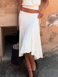 Elegant Asymmetrical Midi Skirt, Side Tie Design, Adjustable, Perfect for Casual & Formal Wear, Women's Fashionable Bottoms