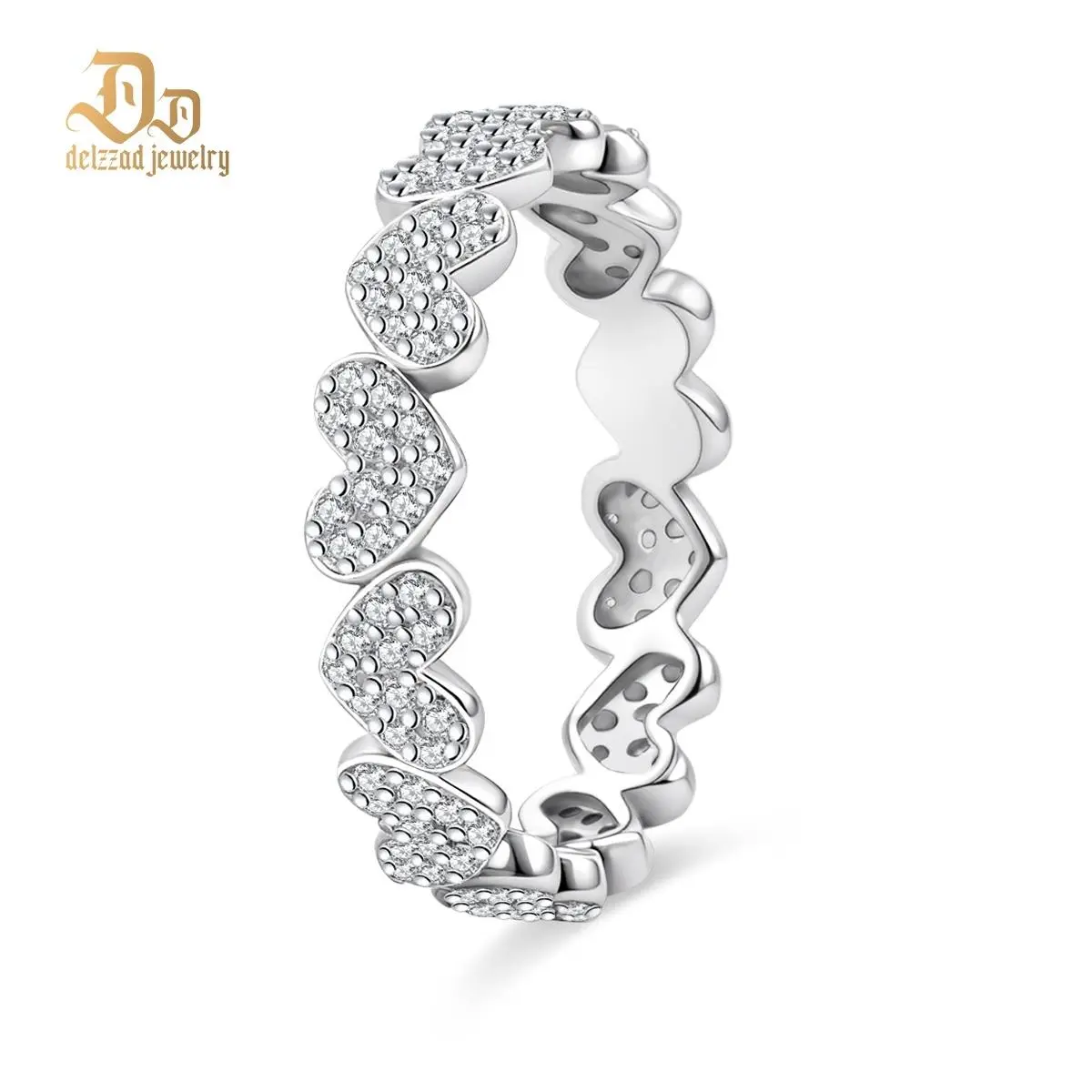Delzzad Heart Eternity Band Ring Synthetic Moissanite Ring Jewelry S925 Perfect Birthday Engagement Wedding Anniversary Christmas Gift