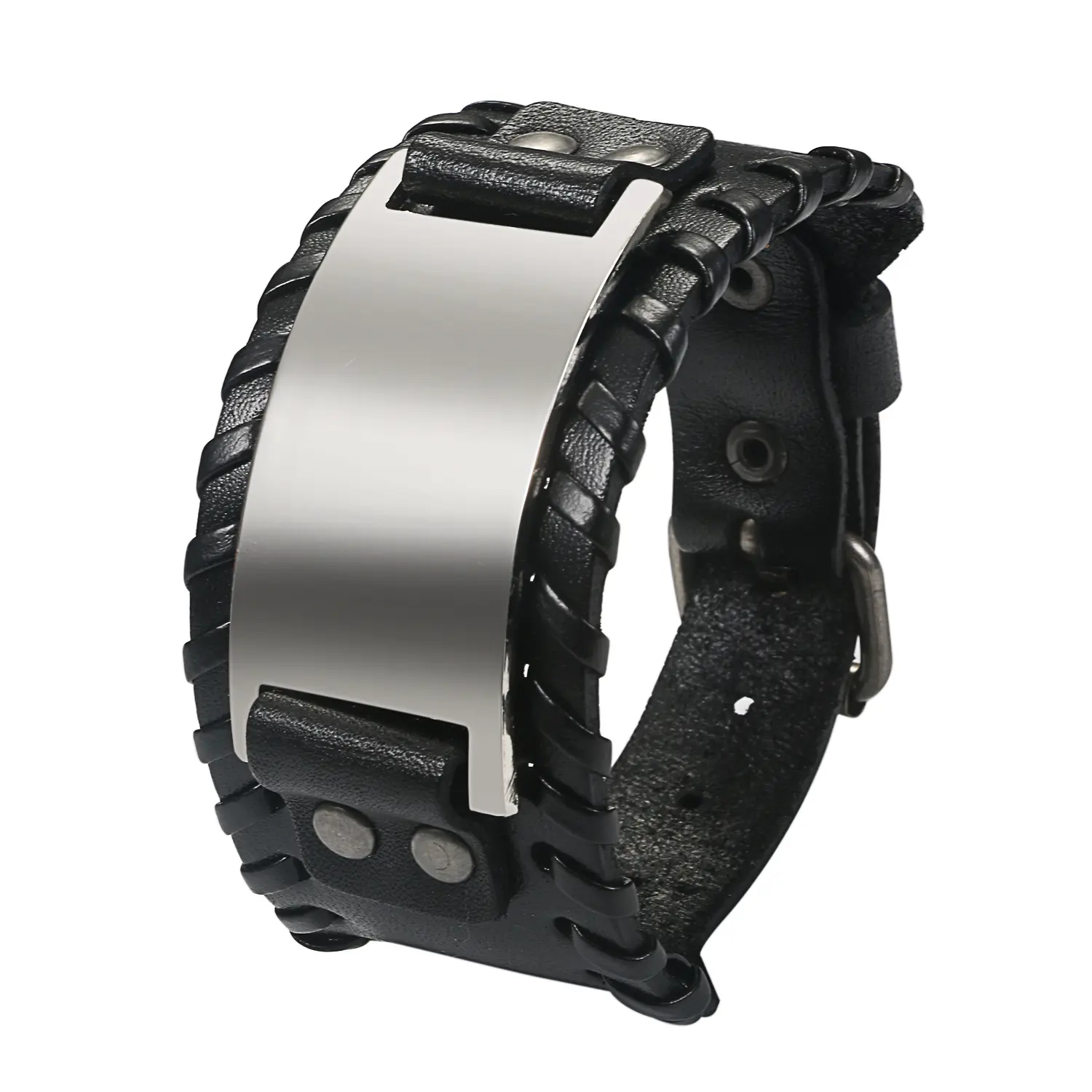 OIDEA Engravable Wide Flat Bar Alloy Leather Cuff Bracelet for Men - Punk Rock Large Plate Adjustable Wristband, 1.45" Width, 10.63" Length, 6.3" to 8.26" Fit, 0.93 oz, A-Black, A-Brown, Dimensions, Wide Strap, Biker, Customizable Cuff, Engraving
