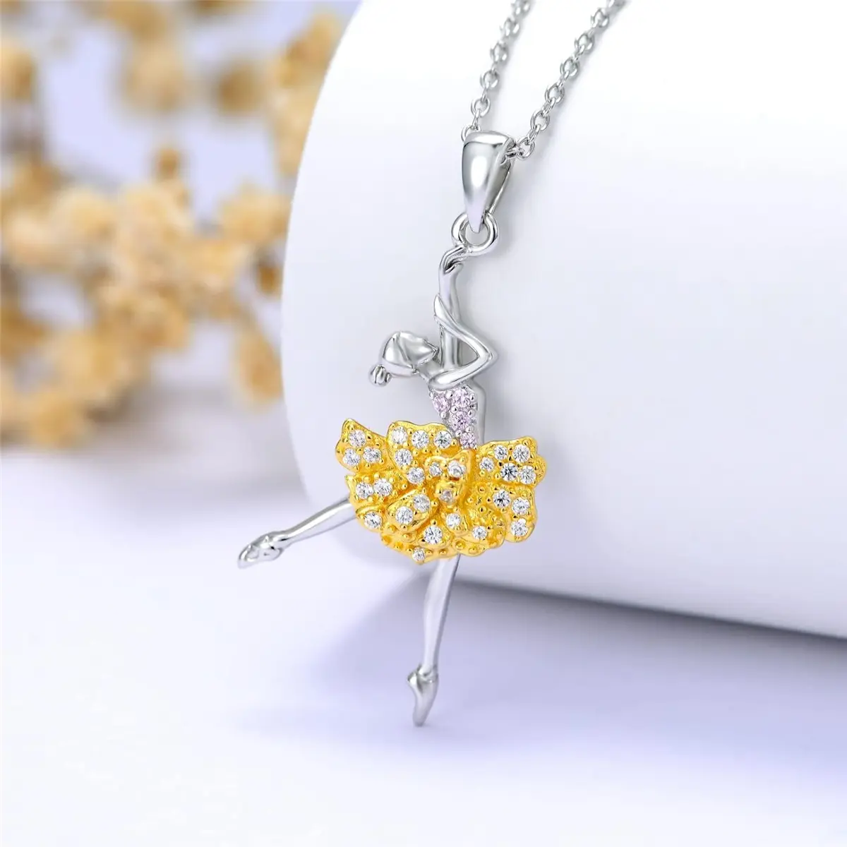 Women's Elegant Ballet Dancer Pendant Necklace - Yellow Gold Plated Alloy, Shiny Synthetic Coloured Gemstone Zirconia Charm, Dainty Stainless Steel Chain Accessory, Sparkling Stainless Steel Jewelry, Daily Gift for Dance Enthusiasts, Sparkling Jewelry