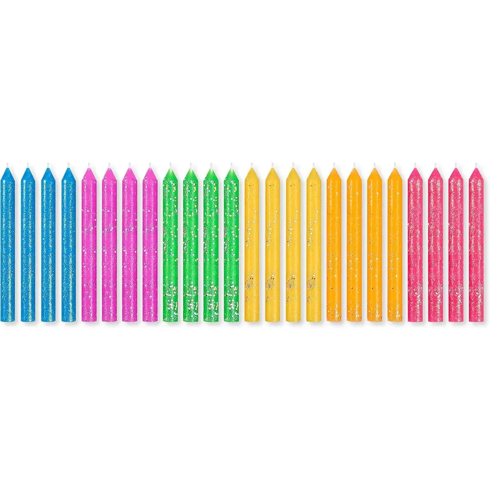 24-Count Bright Neon Glitter Birthday Candles Set - 3 in. Tall Happy Birthday Entertaining Products, Adult Supervision Required, Festive Cake Decorations for Home Party Supplies