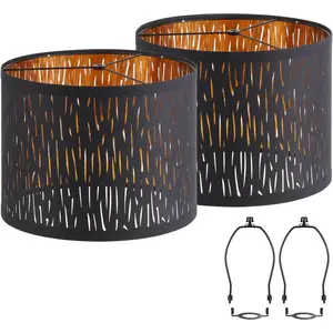 Set of 2 Black Drum Lampshades, Hollow-carved Design 12.7" x 12.7" x 10 Inch Lamp Shades with Harp Holder, for Table Lamp, Floor Lamp, Pendant Light