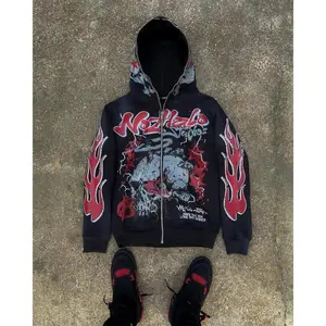 Retro Harajuku Street Hip Hop Print Hoodie, Loose Casual Zipper Cardigan, Unisex Hoodie Long Sleeve Sweatshirts Menswear Tops
