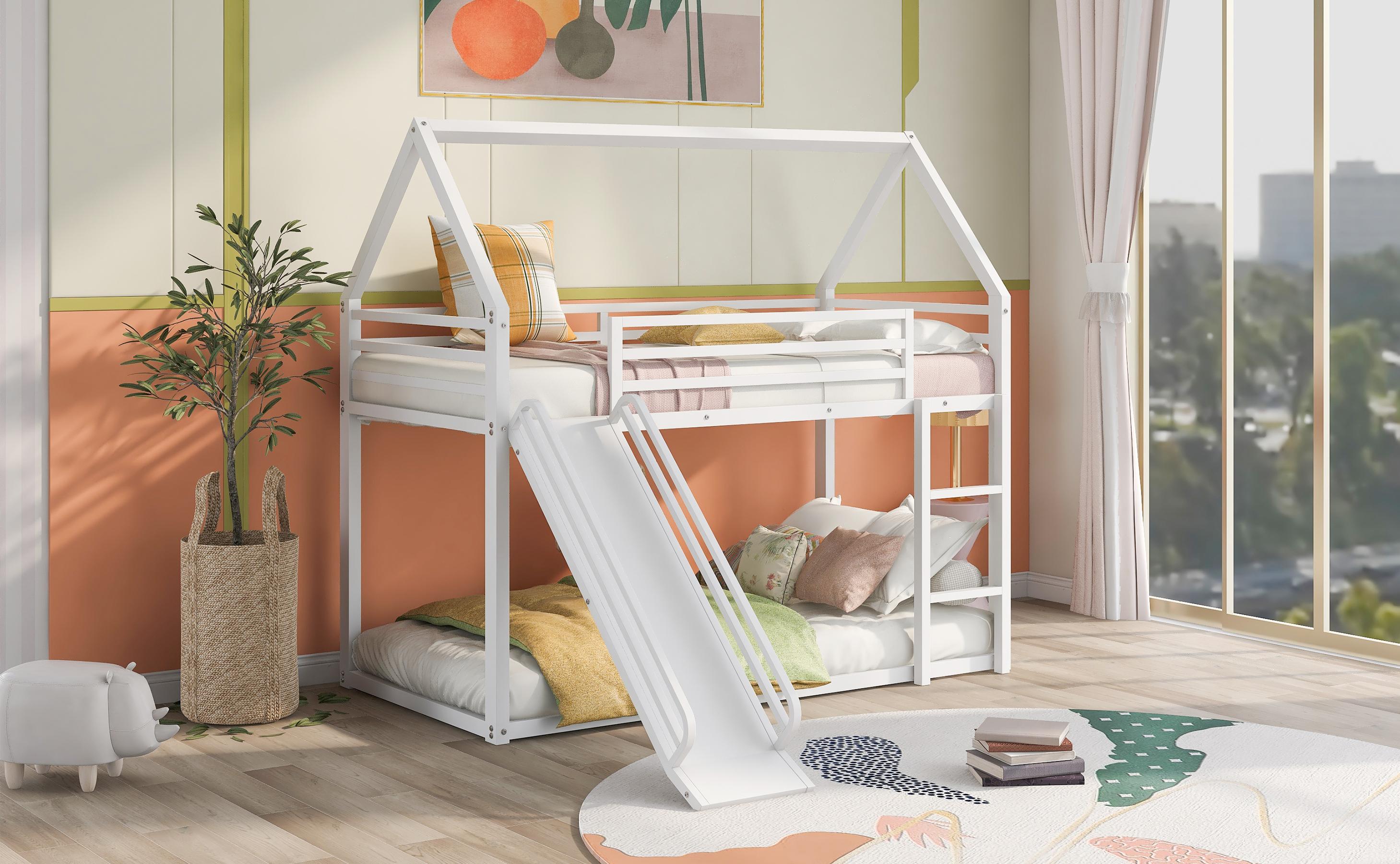 Twin Over Twin Kids Playhouse Bunk Bed with Slide, White Solid Metal House Bed, Reversible Ladder & Slide, Full Safety Guardrail, Easy Assembly, Space Saving Bedroom Furniture for Girls Boys