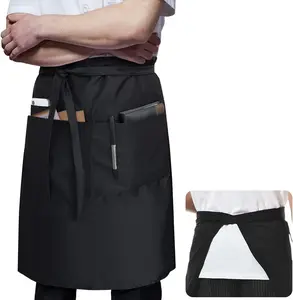 Long Server Apron Black with 3 Pockets Bistro Half Aprons for Men Women Waiter Waitress Chef 28 Inch