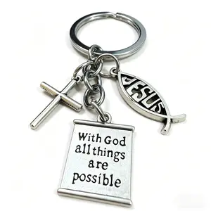 with God Allthings Are Possible Keychain, Cruciform Keyring,  Keychain, Men Bag Pendant Zinc Alloy Accessories Christian Faith Keychain, "With God All Things Are Possible" Scripture Pendant, Cross & Jesus Fish Charm, Religious Gift for Men & Women