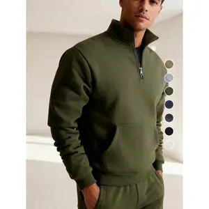Men’s half-zip stand-collar sweatshirt with kangaroo pocket, fleece-lined warm pullover, casual sportswear for fall/winter, athletic training apparel