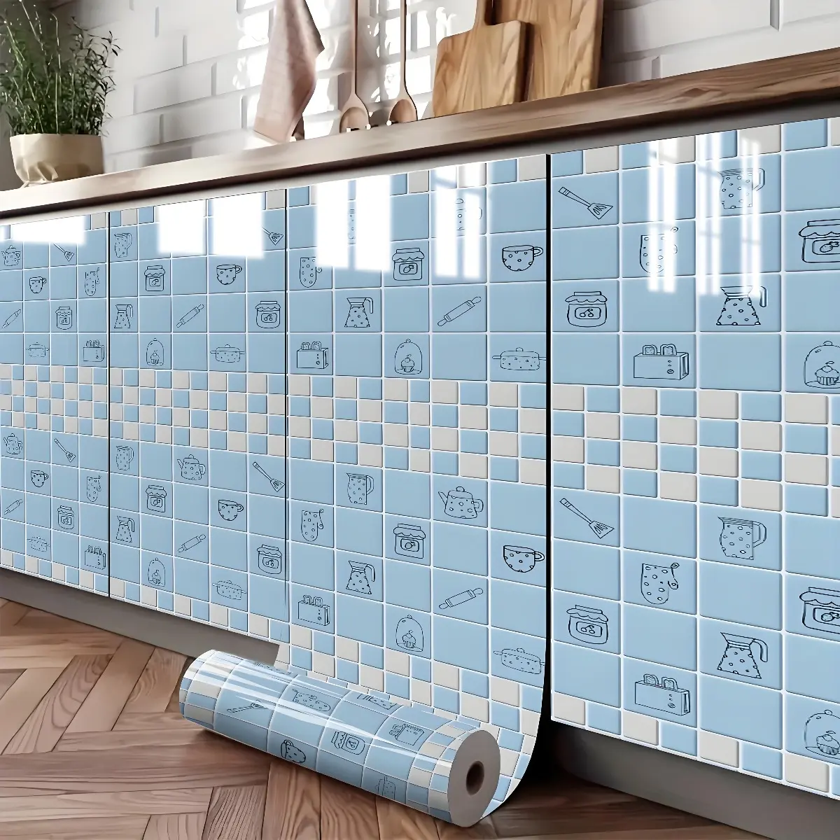 Blue Cute Pattern Self Adhesive Oil Proof Sticker Waterproof Heat Resistant Removable Contact Paper for Kitchen Cabinet Wall