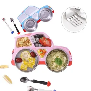 1 blue car plate, 304 stainless steel, lunch utensils -1 car shaped, lightweight, shatterproof split type children's plate with fork and spoon,