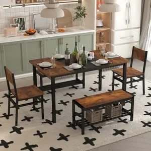 NAIYUFA 5-Piece Dining Table Set for 4-6 people with Industrial Style Table, 2 Benches, 2 Chairs, and 2 Baskets in Rustic Brown