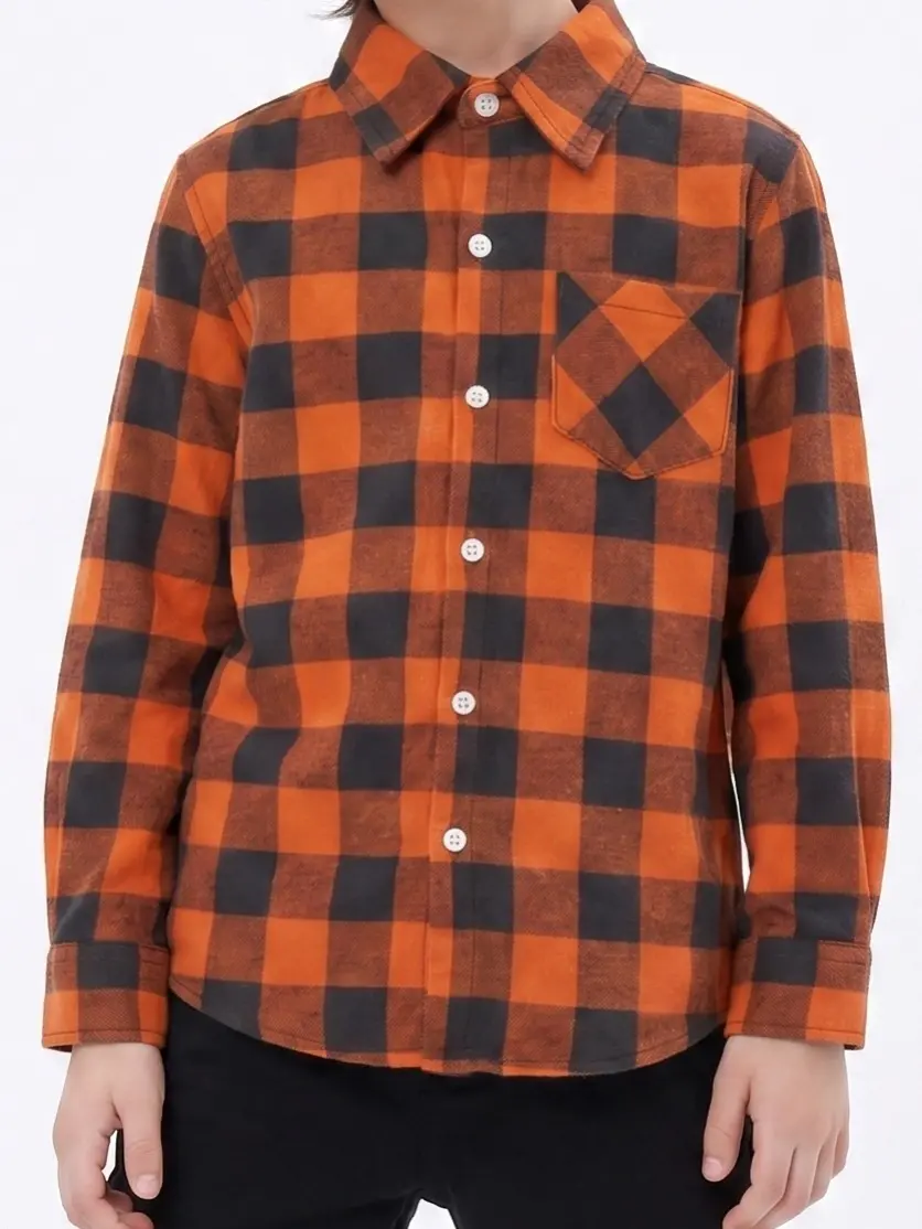 Boys Shirts Boys Button Down Shirt | Orange Black Plaid Flannel School Shirts for Boys | Kids Long Sleeve Button Up Plaid Shirt | Toddler Boy Clothes Casual Cotton Checker Collar Shirts | Trendy Kids Fall Winter Tops