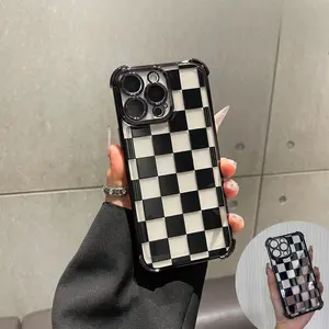 Black checkered four-corner drop-proof TPU phone case for iPhone 17 Air 16Pro Max 15 14Plus 13 12 11 XR XS Simple and stylish camera protection Shockproof Anti-Drop Shockproof Drop Protection Durable Phone Case