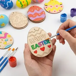 Easter Wooden Egg Shaped Decorations Set, 16 Pieces, Includes 8 Wood Slices and 8 Strings, DIY Spring Home Hanging Ornaments, Easter Craft Supplies, Easter Themed Decor, Party Decoration Supplies