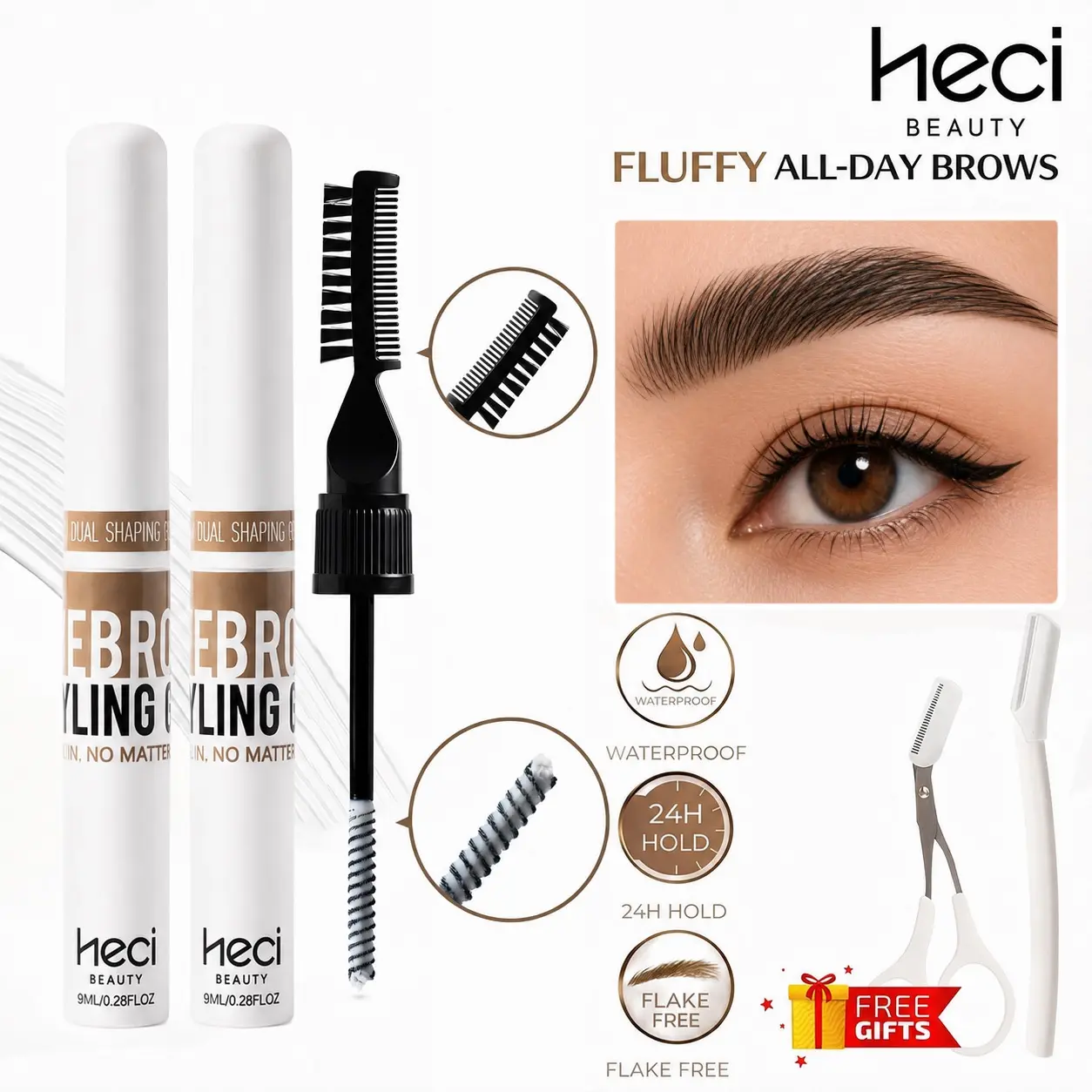 2-PCS Clear Brow Gel – Strong Hold Waterproof Eyebrow Styling Gel, 2-in-1 Dual Brush, 24H Fluffy Brows, Flake-Free | HECI, Gel Eyebrows, Eyebrow Enhancer, Brow Makeup Products Brow Gel Duo Brow Definer