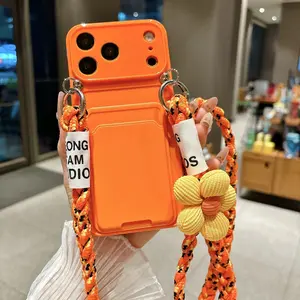 Custom Braided Cord Card Holder Phone Case For iPhone 17 16 15 14 13 12 11 Pro Max Silicone Card Holder with Braided Cord Phone Case Phone Lanyard Phone Sling Phone Charms