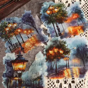 JAIIMAN 10sheets PET Watercolor Rainy Street Large Size Self-adhesive Sticker Packs, Transparent Art Decals for Scrapbooking Supplies, DIY Landscape Creation, Clip Art, Junk Journals, Collage Decoration, Diary Accessories