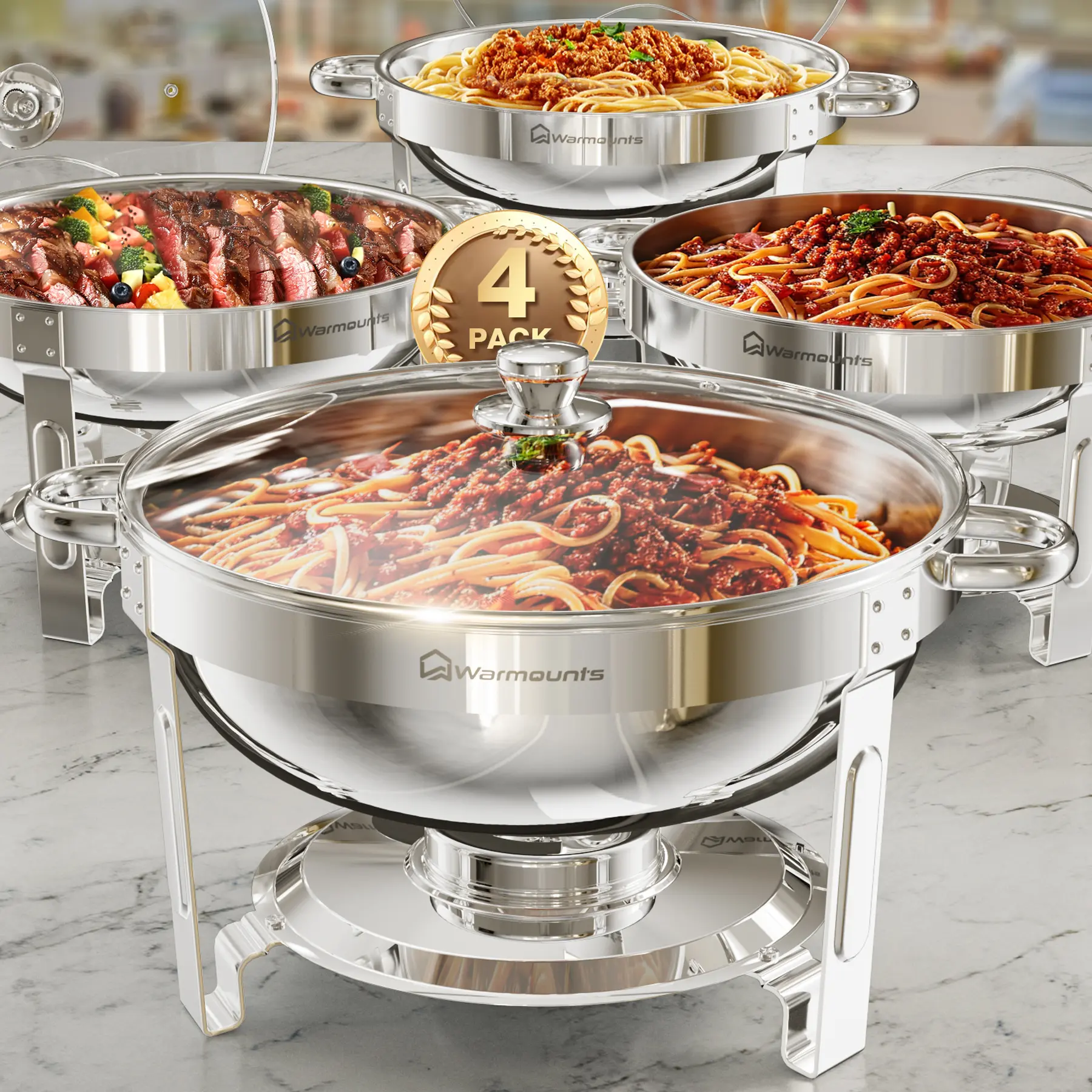 Dealsforyou WARMOUNTS Round 5QT Chafing Dishes for Buffet with Glass Lid (2/4/6-Pack) | Chafers and Buffet Warmers for New Year‘s Party & Winter Gathering | Wedding & Catering