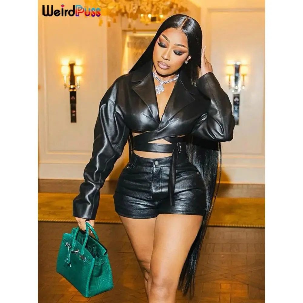 PU Hipster Leather v-Neck Cross Sash Sexy Crop Tops+Shorts Matching Outfits