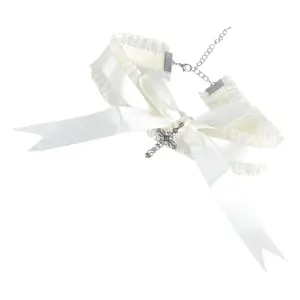 Ruffle Lace Bowknot Choker Necklace with Crosses Pendant for Halloween Party