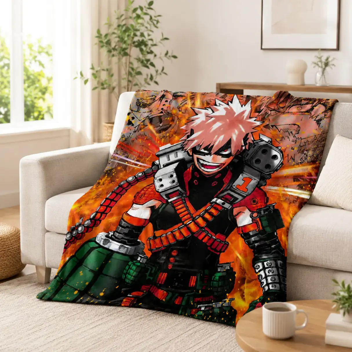 Katsuki Bakugo My Hero Academia Antibacterial Flame Print Manga Style Throw Blanket - Soft, Cozy, Lightweight Bedding with Battle Gear Artwork for Indoor Living Room Modern Decor, Anime Fan Gift