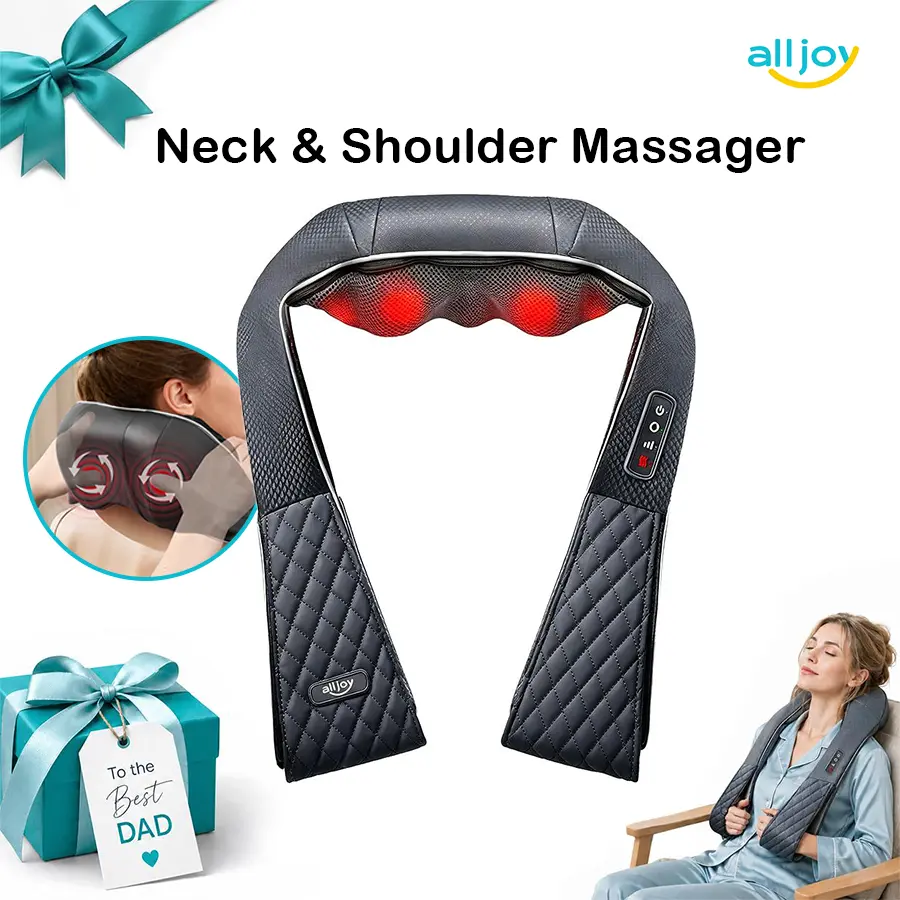 ALLJOY Wireless Cordless Shiatsu Neck & Shoulder Massager - USB Rechargeable, Ergonomic Kneading & Heat Functions, Memory Foam, Nylon Cover, 34x32cm, Battery Powered Body Pain Relief Device, Adult Gift for Home Use