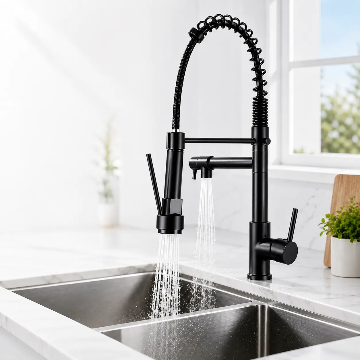 Matte Black Spring Pull Down Kitchen Faucet with Dual Outlet, 360° Swivel Commercial Sink Faucet, 2 Spray Modes, Single Handle Hot and Cold Water Mixer, High Arc Industrial Faucet for Kitchen, Apartment, Rental Home, Easy Install llave para el fregadero