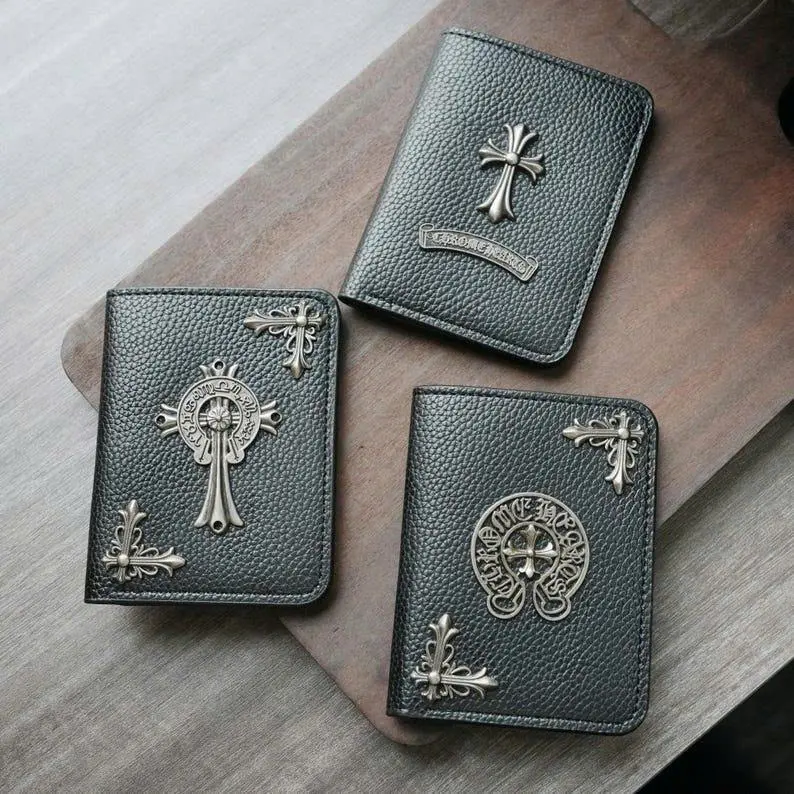 Gothic Cross Black Leather Card Holder Wallet with Metal Cross Details, Compact Bifold Wallet for Men & Women