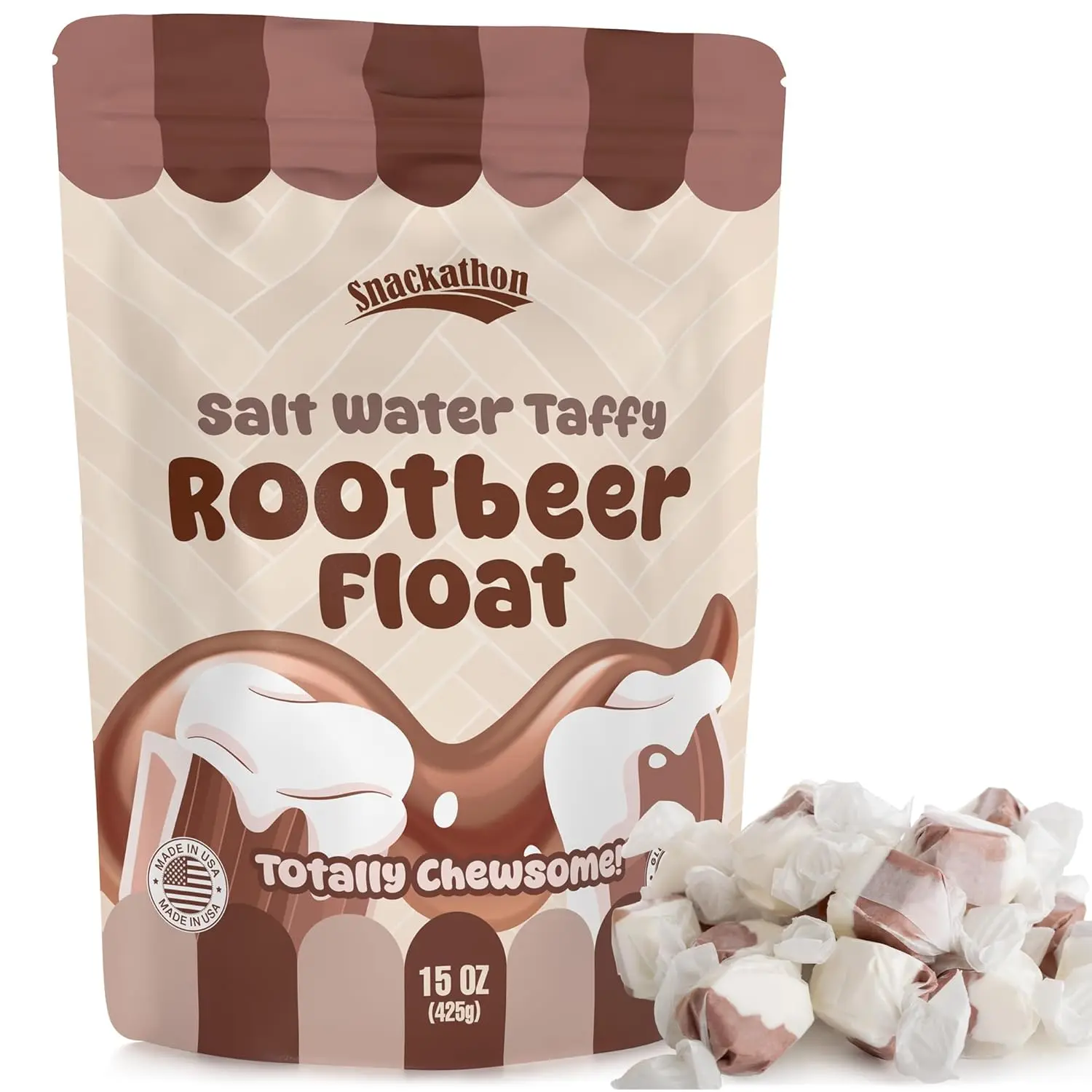 Snackathon Salt Water Taffy Single Flavor, Rootbeer Float, Bulk Individually Wrapped Gourmet Candy, Soft & Chewy Sweet Treats, 15 oz Resealable Bag