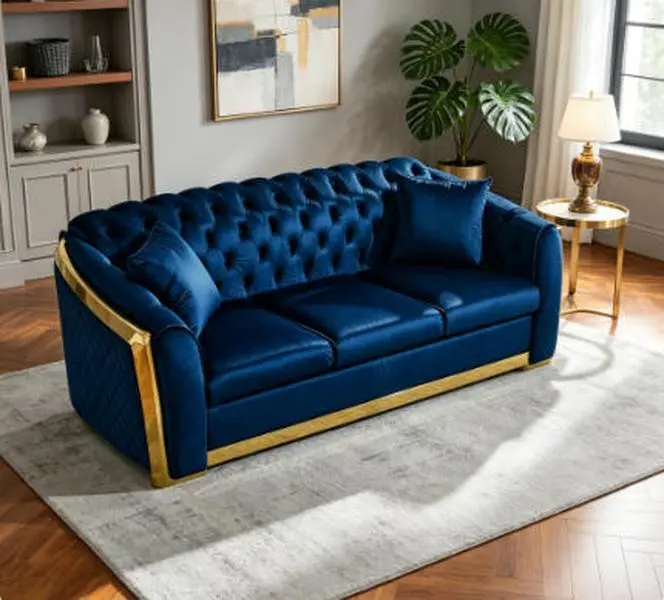 81" Luxury Velvet Chesterfield 3-Seat Sofa, Tufted Living Room Couch with Gold Stainless Steel Accents, New Packaging for Indoor Living Room Furniture