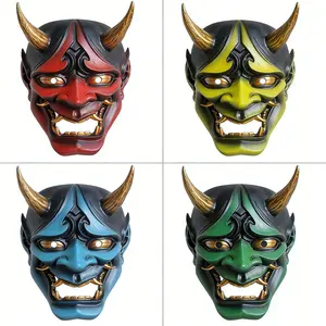 Traditional Japanese colored Prajna ghost resin mask with realistic golden horns and fangs, suitable for role-playing, masquerade party, and wall decoration props