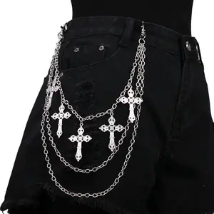 Unisex Silvery Alloy Punk Cross Motif Layered Wallet Chain - Shiny Finish, Hip Hop Vintage Fashion Accessory, Waistbeads, Biker Edgy Punk Body Jewelry for Jeans