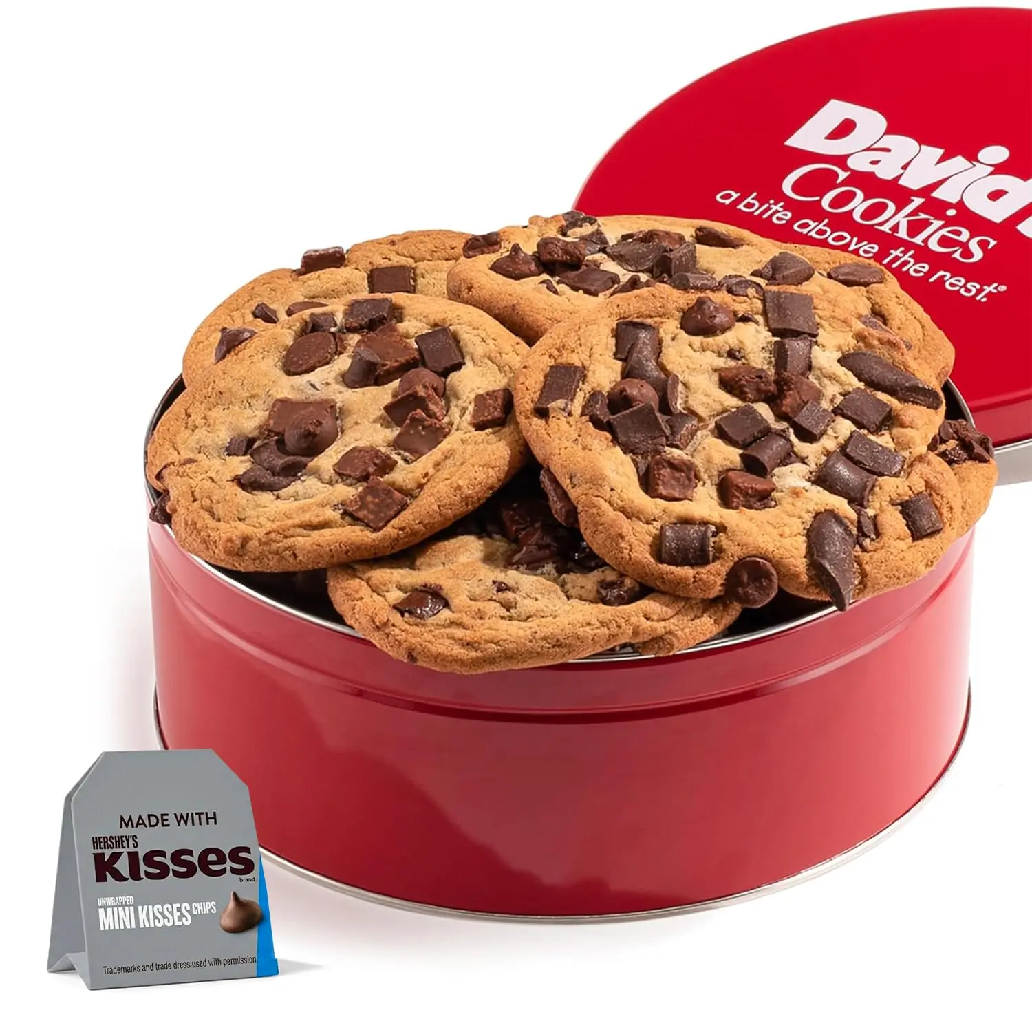 DAVID'S COOKIES Jumbo Fresh-Baked Triple Chocolate Chunk Cookie Tin with Hershey's Kisses, 8 count, 4.5 oz Each