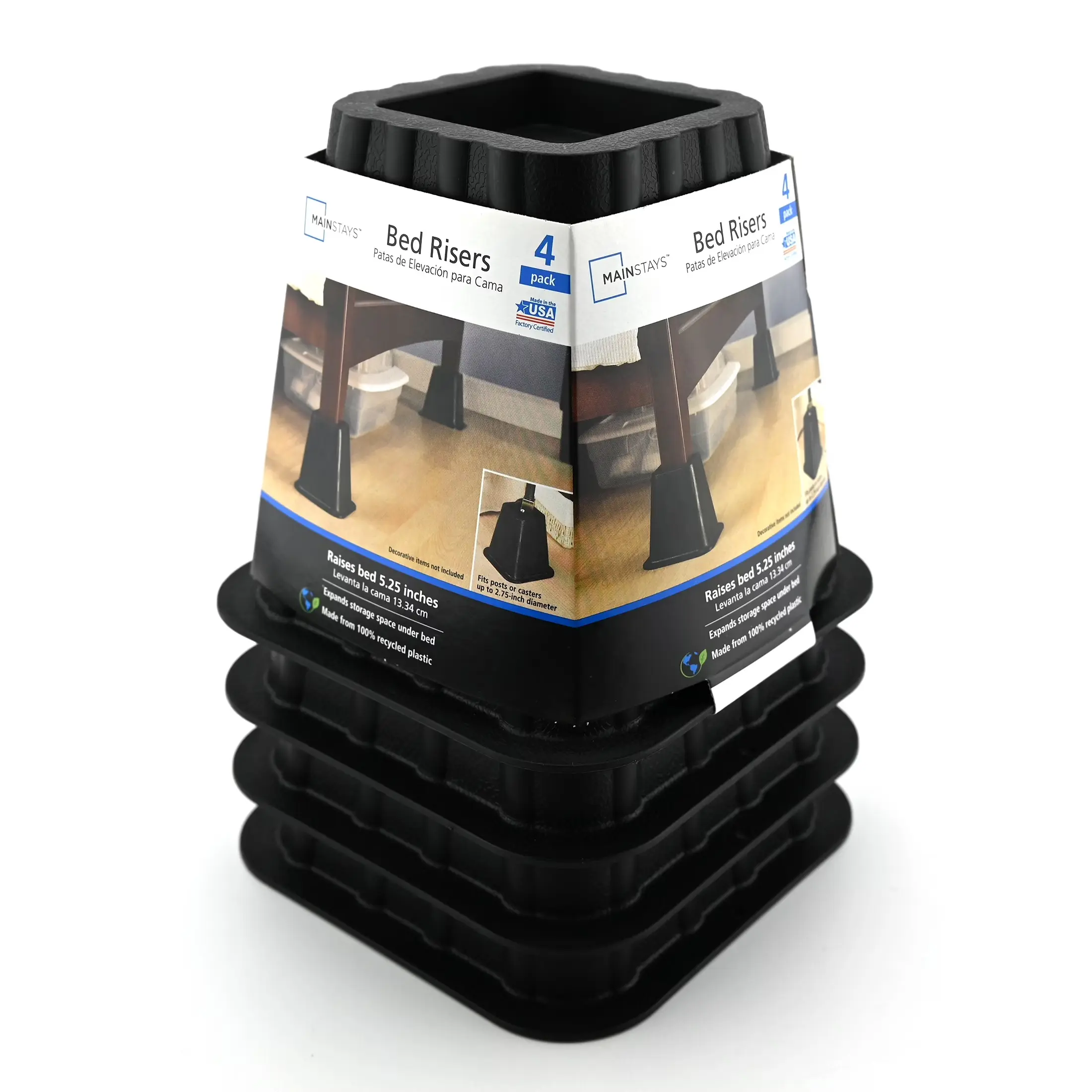 Mainstays Black Plastic Bed Risers to Raise Your Bed for Storage, 4 Pack, 6.50 in x 6.50 in x 6 in.