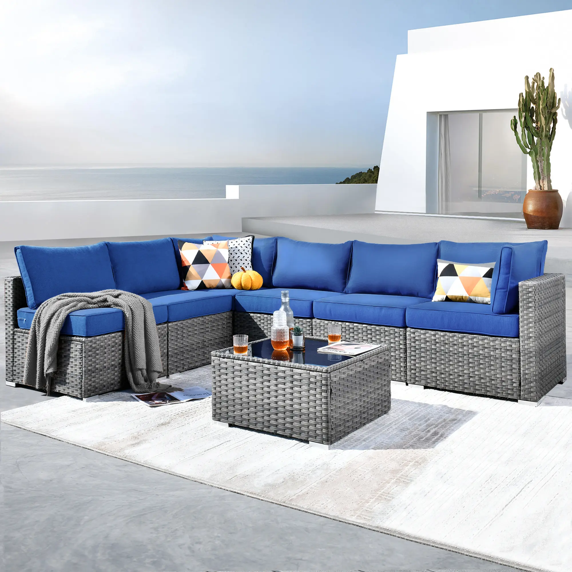 Grey Wicker Navy Blue Cushion